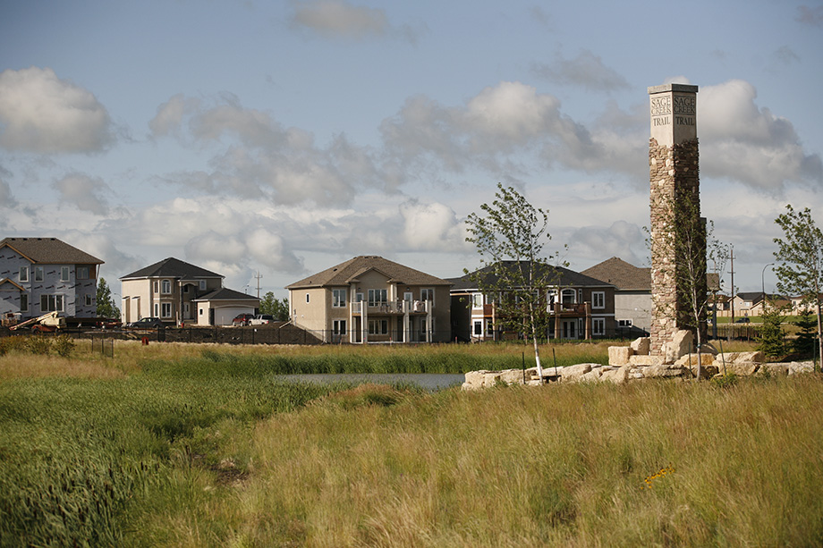 Sage Creek wetland and trails with houses behind.