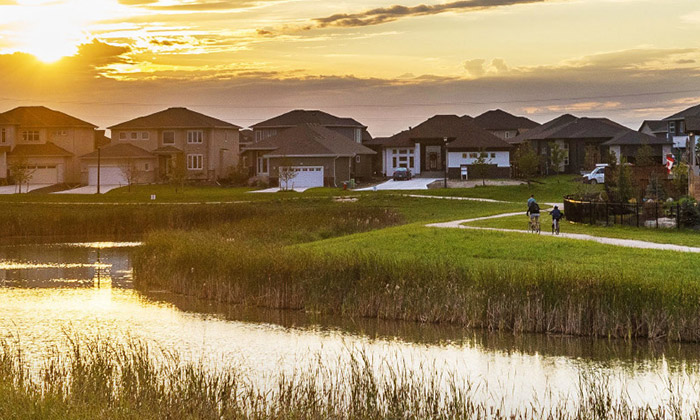 Wetland and trail with homes in the background
