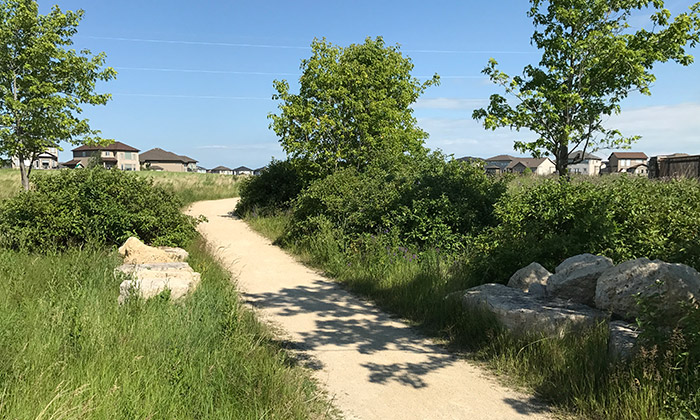 Limestone Trail with homes in the distance